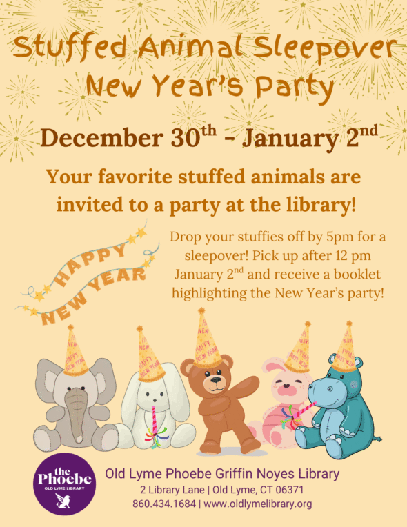 Stuffed Animal Sleepover New Years Party. Drop off your stuffed animal before 4pm on Dec 30 and pick them up after 12pm on Jan 2.