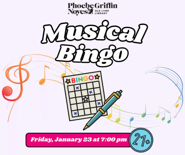 21+ Musical Bingo Friday January 23 at 7pm. Colorful musical notes over a sample bingo card. 21+ event, must purchase tickets to attend.