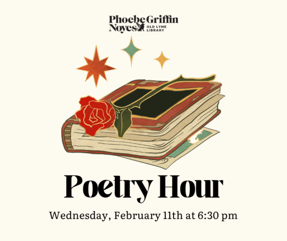 Poetry Hour Wednesday February 11 at 6:30pm. A leather bound book with a single red rose placed on the cover.