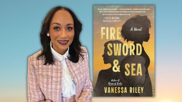 Light blue background. Author Vanessa Riley with shoulder length dark hair, smiling in a pink jacket with white ruffle shirt. Book cover of Fire Sword and Sea by Vanessa Riley.