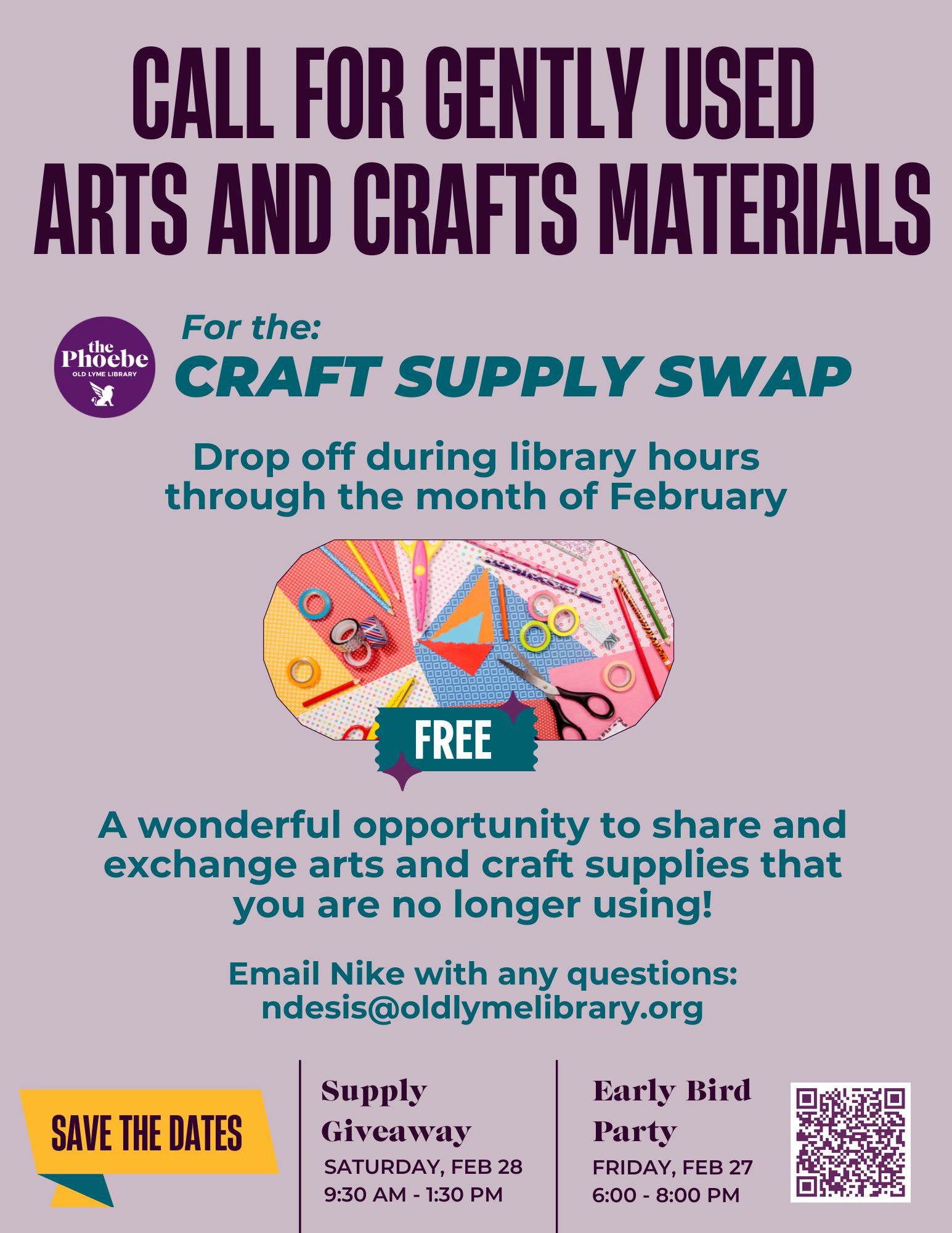 Call for gently used arts and crafts materials for a craft supply swap on Saturday, February 28.