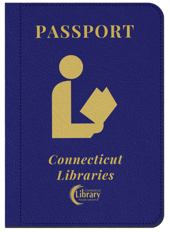 Blue booklet cover with gold text reading Passport Connecticut Libraries, features the library logo of a person reading a book and the CT Library Consortium logo.