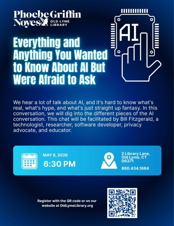 Background is a dark blue and black gradient with white text. Graphic of a computer chip with the text "AI" in the middle and an outline of a pointer hand. Registration is required.