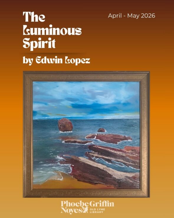 The Luminous Spirit by Edwin Lopez, April - May 2026. Features mixed media of the rocky shoreline. Brown tone flat rocks in the blue gray water. Cloudy sky with bright blues shining through and meets the water at the horizon. Background is a brown to gold gradient from the top to bottom.
