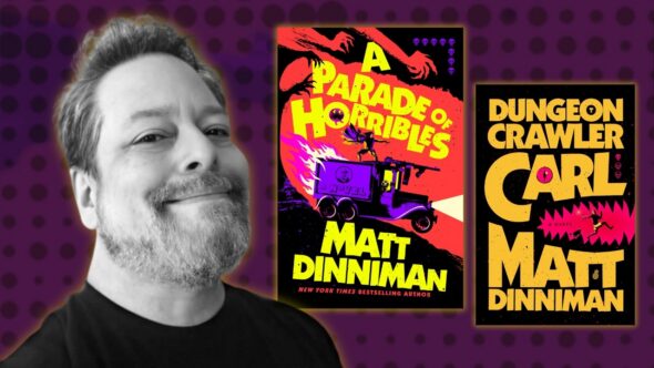 Author, Matt Dinniman, chin up smiling. He has a beard, short hair, and is wearing a black shirt. Purple background with various size darker dots. Book covers of Dungeon Crawler Carl and A Parade of Horribles by Matt Dinniman.