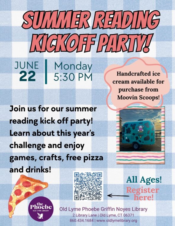 Summer Reading Kickoff Party Monday, June 22 at 5:30pm. Background is a blue checkered tablecloth. Learn about this year's challenge and enjoy games, crafts, free pizza and drinks. Registration is required.