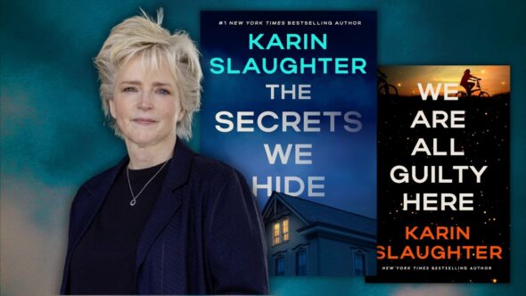 Author Karin Slaughter with short blonde hair, wearing a dark blue blazer and black shirt, a silver and blue pendant on a silver necklace. Book covers of The Secrets We Hide and We Are All Guilty Here by Karen Slaughter. Background is dark blue stormy sky.