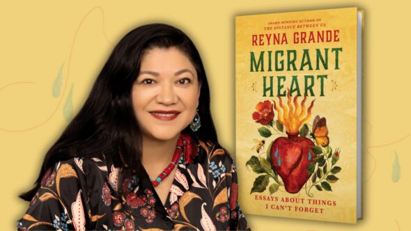 Author Reyna Grande with long dark hair, wearing a dark top with floral print and a red and blue necklace. The book cover of Migrant Heart by Reyna Grande. Background is golden yellow with darker yellow lines and blue water/tear droplets.