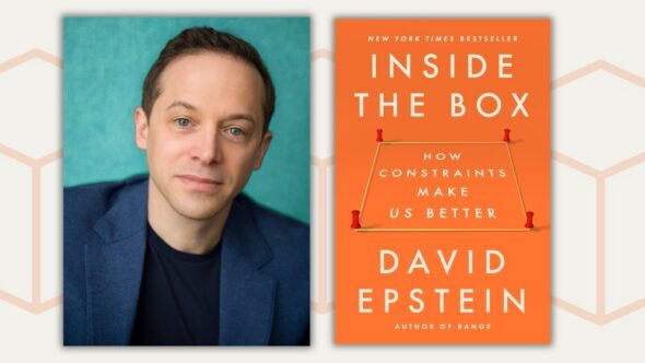 Author, David Epstein, with short brown hair, wearing a blue blazer and dark blue undershirt, there is a teal background. Book cover of Inside the Box by David Epstein.