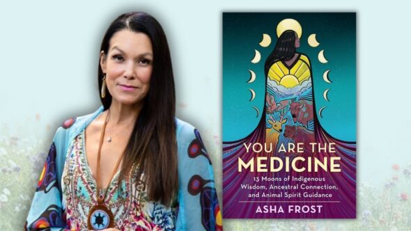 Author, Asha Frost, with long dark hair, wearing bright blue wrap with yellow, red, and dark blue patterns, her dress is brightly colored blues and pinks with floral patterns. Book cover of You Are The Medicine by Asha Frost. Background is a flowering garden.