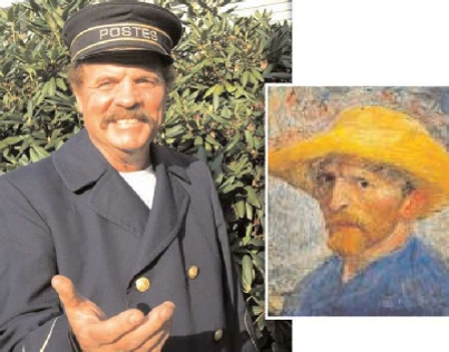 Photo of Ted Zalewski dressed up in a vintage postman outfit. Overlay image Self Portrait with a Straw Hat by Vincent van Gogh.