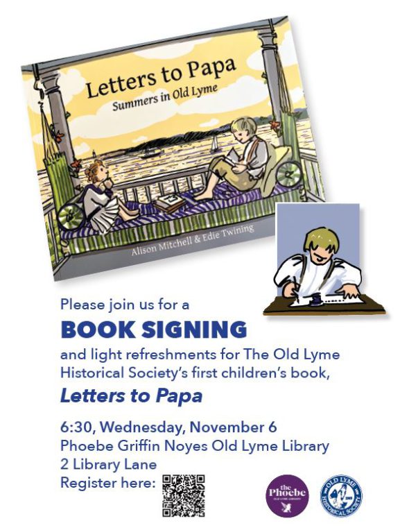 Book cover of Letters to Papa by Alison Mitchell and Edie Twining and information about the event.