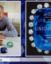 The author, Jeffrey Post, sitting at a table smiling infront of many large gems. Book cover for Unearthed by Jeffrey Post.