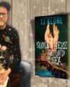 The author, TJ Klune, wearing a baseball hat, glasses, and a black sweater with their black and white dog. Also, features book cover images of The House in the Cerulean Sea and Somewhere Beyond the Sea.