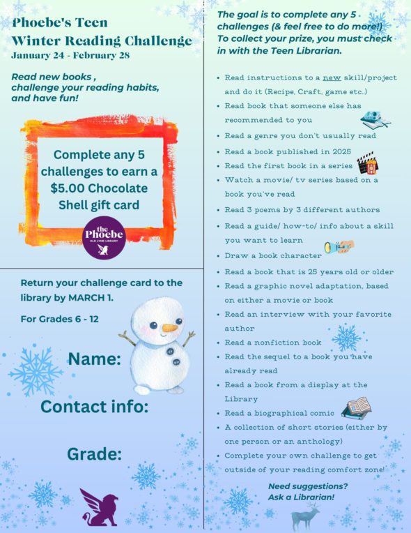 Flyer describing the ules and dates of the Teen Winter Reading Challenge and a long list of possible "challenges"  to complete. The image has an ice blue background and many small graphic images scattered around the text such as books, snowflakes, reindeer, and library's Griffin logo.