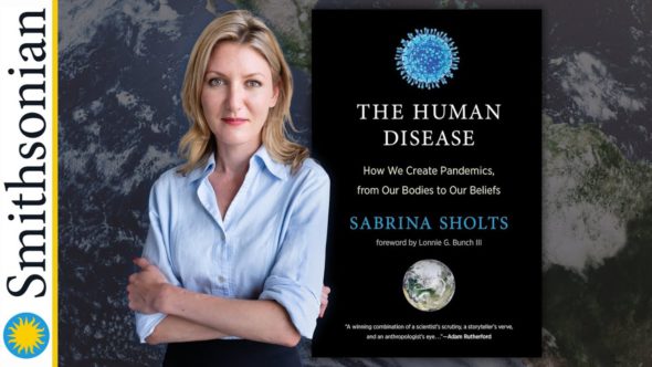 Features the book cover of The Human Disease by Sabrina Sholts. The author wearing a blue button up shirt stands with her arms across her abdomen.