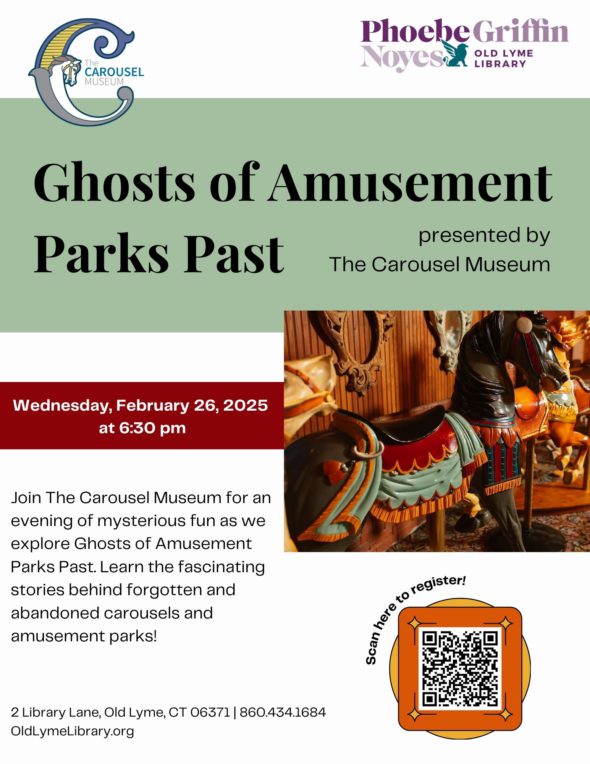 Ghosts of Amusement Parks Past presented by The Carousel Museum Wednesday, February 26 at 6:30pm. Features an image of a  dark brown carousel horse with red, green, and yellow decorations, with a light brown carousel horse behind it.