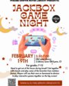 Jackbox Game Night for teens, February 19 at 5:30pm. Features graphics of the moon, and two hands holding a phone gaming.