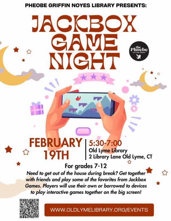 Jackbox Game Night for teens, February 19 at 5:30pm. Features graphics of the moon, and two hands holding a phone gaming.