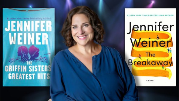 The author in the center smiling with short brown wavy hair wearing a blue blouse. Features covers of The Breakaway and The Griffin Sisters Greatest Hits both by Jennifer Weiner.