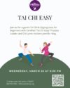 Tai Chi Easy Wednesday, March 26 at 6:30pm. Features graphics of two people practicing tai chi movements.