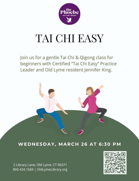 Tai Chi Easy Wednesday, March 26 at 6:30pm. Features graphics of two people practicing tai chi movements.