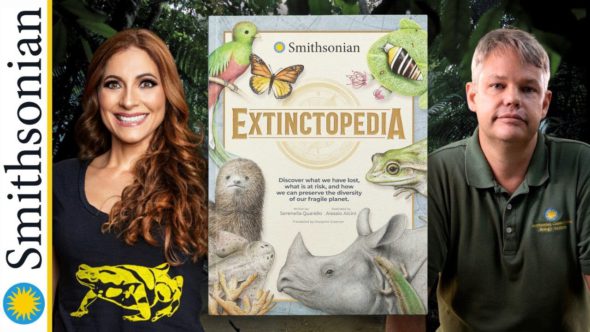 Features images of the presenters. Dr. Gina Della Togna on the left with long red hair, a big smile and a frog shirt. Brian Gratwicke on the left with short grey hair and wearing a green Smithsonian shirt. Extinctopedia book cover image in the middle.