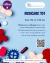 Medicare 101 - Wednesday June, 4 at 6:30pm. Light blue background with graphics of medications, and bandages.