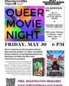 Queer Movie Night: Nimona Friday, May 30 at 6:00pm. Features the movie cover and book cover of Nimona.