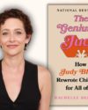 The author, Rachelle Bergstein, smiling with short dark hair and wearing a black sleeveless top. Features the book cover of her book The Genius of Judy.