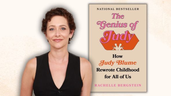 The author, Rachelle Bergstein, smiling with short dark hair and wearing a black sleeveless top. Features the book cover of her book The Genius of Judy.
