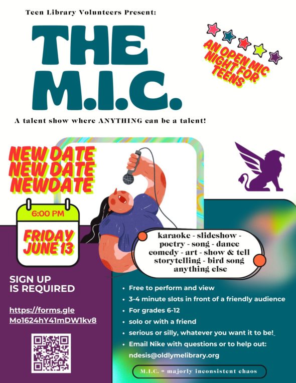 The M.I.C. - Friday, June 13 at 6pm. Features colorful stars, and a graphic of a long haired singer with their head back and the microphone in the air.