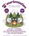 S'morientation for 6th and 7th graders - Tuesday, September 2 at 2:30pm. Features cute marshmallows sitting on logs around a campfire surrounded by trees.