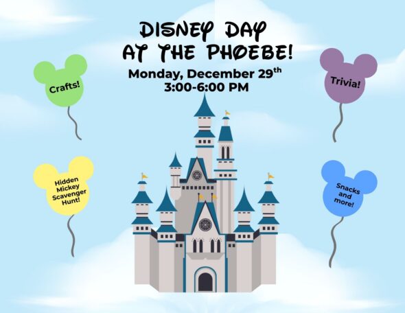 Decorative image features Mickey shaped balloons and a castle.