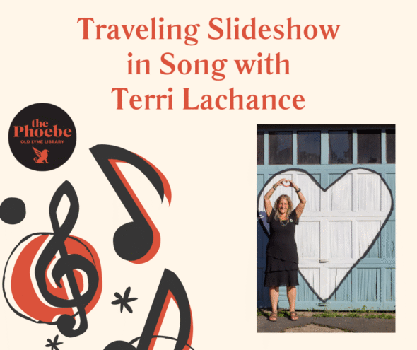 Traveling Slideshow in Song with Terri Lachance - Wednesday January 7 at 6:30pm. Terri standing in front of a white heart painted on a garage door with her hands above her head making a heart shape.