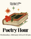 Poetry Hour Wednesday February 11 at 6:30pm. A leather bound book with a single red rose placed on the cover.