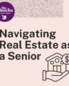 Light tan background with a graphic of a house in a hand with a dollar sign. Navigating Real Estate as a Senior and the purple round logo of the OLPGN Library.