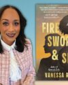 Light blue background. Author Vanessa Riley with shoulder length dark hair, smiling in a pink jacket with white ruffle shirt. Book cover of Fire Sword and Sea by Vanessa Riley.