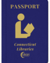 Blue booklet cover with gold text reading Passport Connecticut Libraries, features the library logo of a person reading a book and the CT Library Consortium logo.