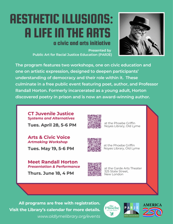 Aesthetic Illusions: A Life in the Arts. Green background, features image of Randall Horton in the upper right. Randall is smiling brightly wearing a homburg style hat, black rimmed glasses and a dark shirt. There is a microphone in front of him.