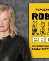 Author, Dr. Vivienne Ming, looking directly at the viewer, has shoulder length blonde wavey hair and is wearing a black leather jacket and maroon shirt. The book cover of Robot-Proof: When Machines Have All the Answers, Build Better People.