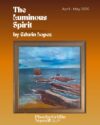 The Luminous Spirit by Edwin Lopez, April - May 2026. Features mixed media of the rocky shoreline. Brown tone flat rocks in the blue gray water. Cloudy sky with bright blues shining through and meets the water at the horizon. Background is a brown to gold gradient from the top to bottom.