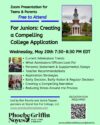 Bright green background with black text. Creating a Compelling College Application - virtual presentation for teens and parents. Wednesday, May 20 at 7:30pm. Registration required.