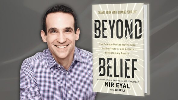 Author Nir Eyal, looking directly at the camera, smiling. Nir has short brown hair and is wearing a blue plaid button down shirt. The book cover of Beyond Belief by Nir Eyal is next to his image with a gray background.
