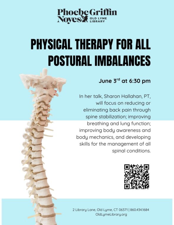 Physical Therapy for All Postural Imbalances - Wednesday, June 3 at 6:30pm. Light blue background with a white stripe at the bottom third and black text. Features an image of a spine.