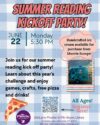 Summer Reading Kickoff Party Monday, June 22 at 5:30pm. Background is a blue checkered tablecloth. Learn about this year's challenge and enjoy games, crafts, free pizza and drinks. Registration is required.