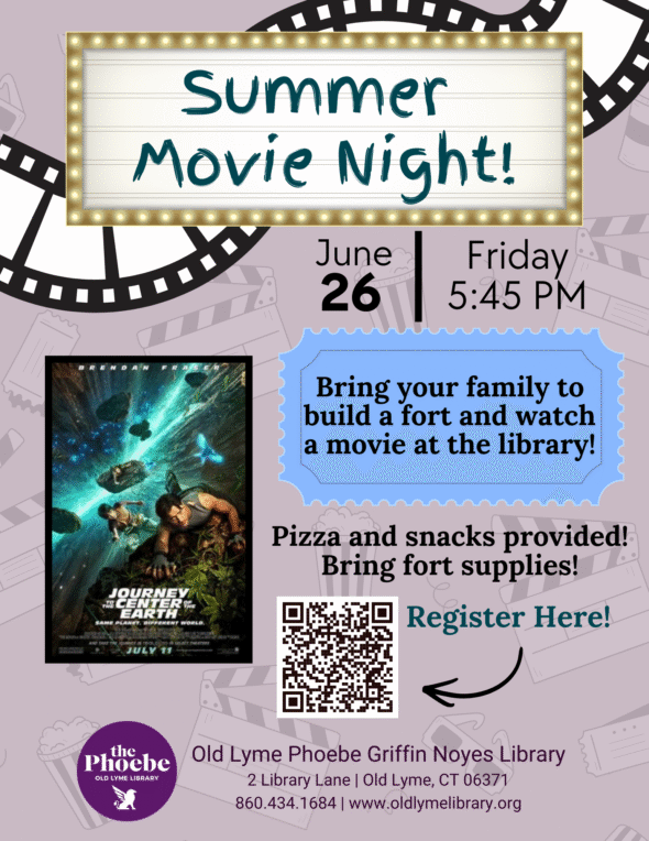 Summer Movie Night! on a light up marquee Friday, June 26 at 5:45pm. Movie cover of Journey to the Center of the Earth. Pizza and snacks provided, bring for supplies. Registration required.