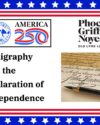 Calligraphy and the Declaration of Independence - Thursday, July 9 at 6:30pm. Top and bottom borders have a blue stripe with white stars and two red stripes. America 250 logo, Old Lyme Historical Society Logo and the Phoebe Griffin Noyes Library logo. Sample of calligraphy writing.