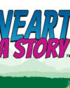 Blue and pink text across the middle: Unearth a Story. Prehistoric jungle scenery featuring a green t-rex curled up reading with a stack of books and a pink and blue pterodactyl perched on a branch reading a book.