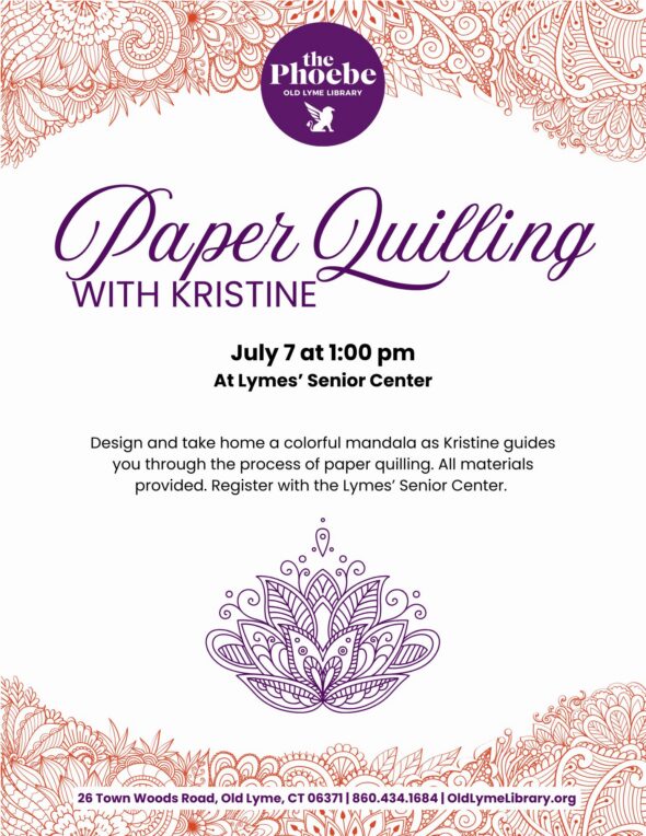 Orange mandala style designs on the top and bottom borders. Middle purple text: Paper Quilling with Kristine. July 7 at 1pm at Lymes' Senior Center.